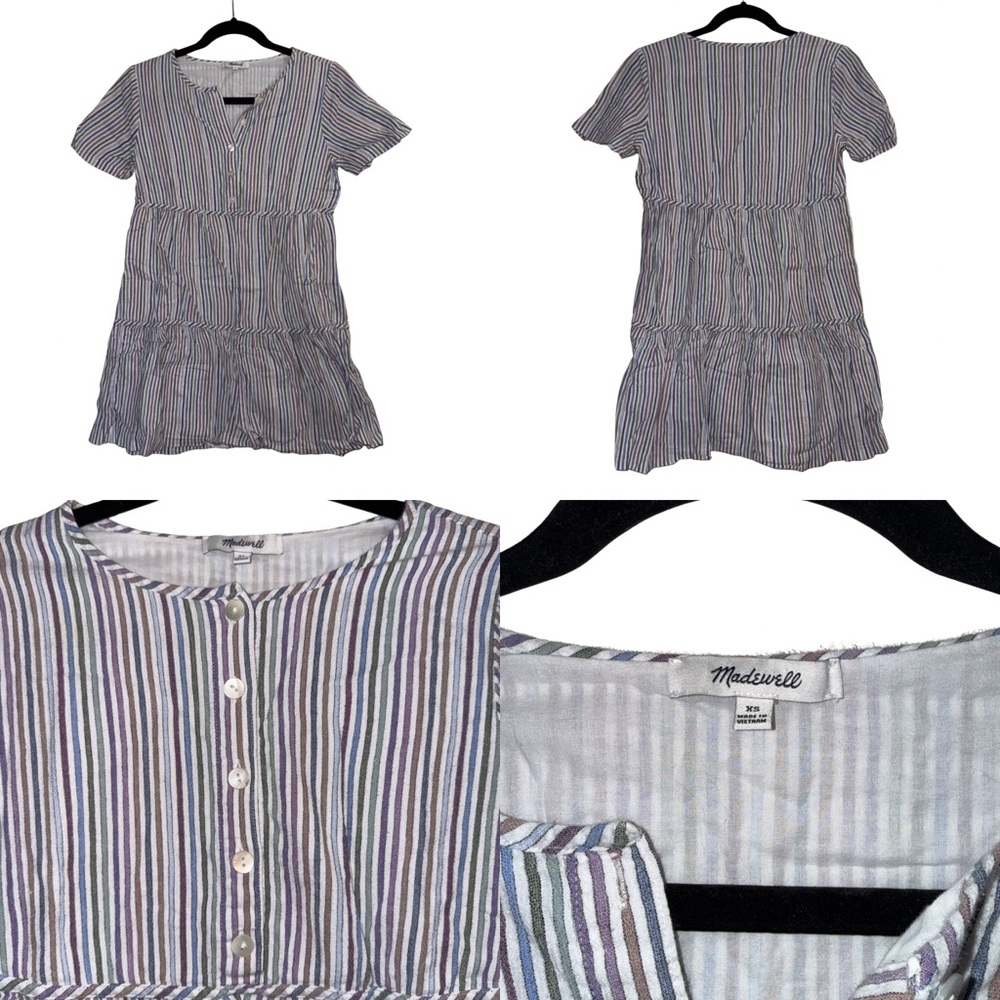 Madewell Multi-Stripe Short Sleeve Tiered Button Dress